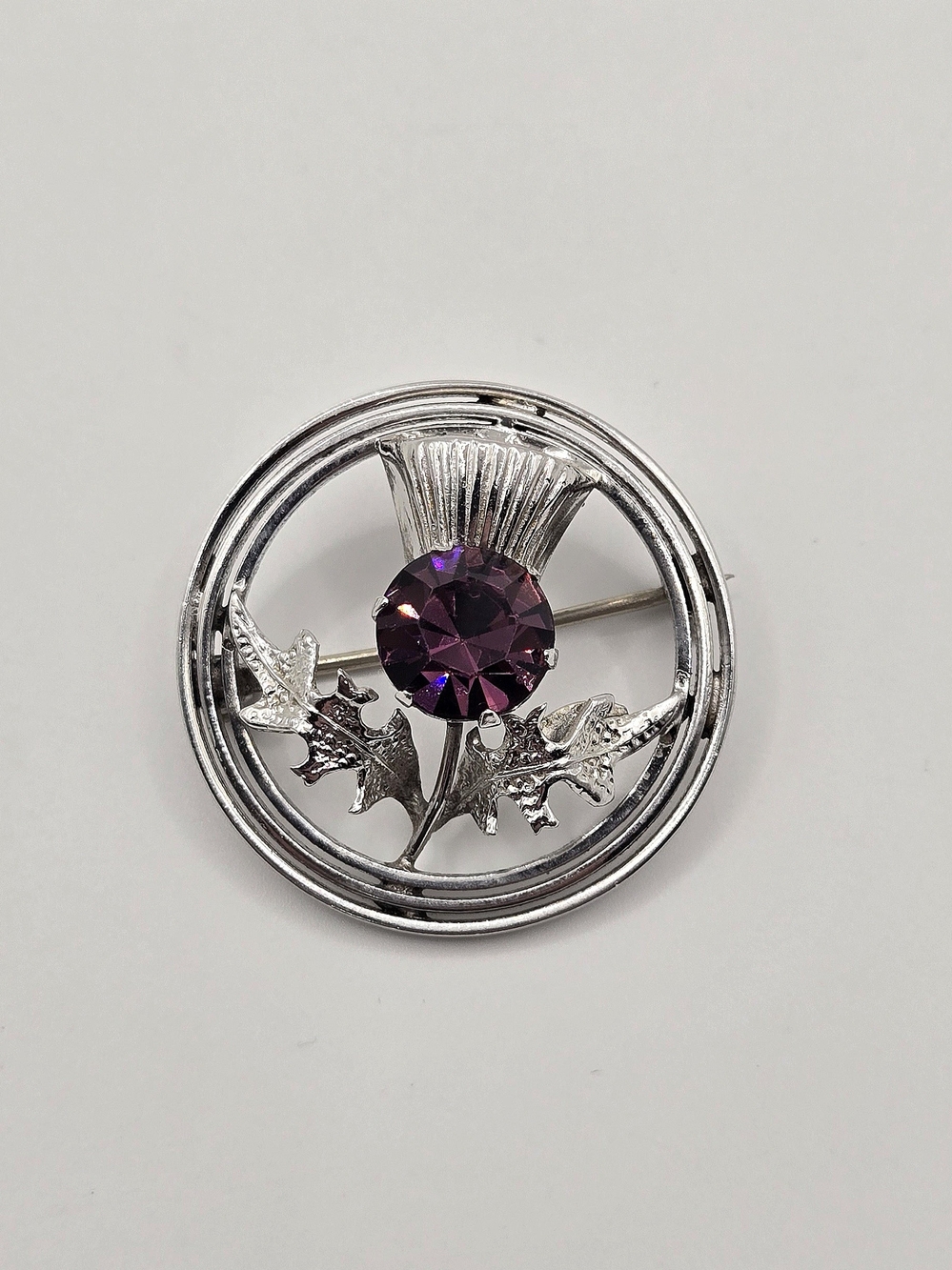 Vintage Signed Mizpah Scottish Thistle Brooch | Purple Rhinestone | Silver Tone